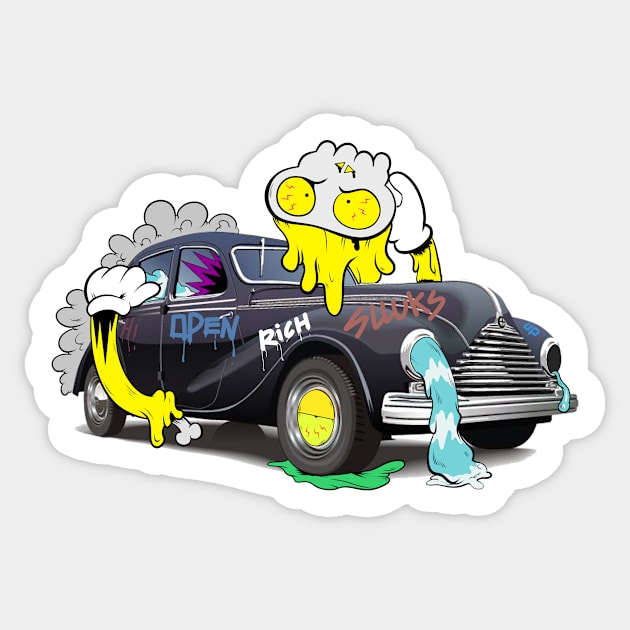 Dope mask cartoon man hugging a vintage car illustration Sticker by slluks_shop